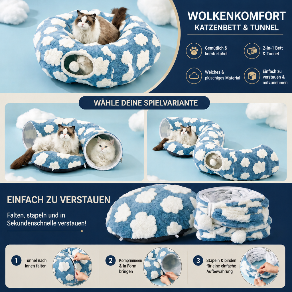 Flauschiger 2-in-1 Spieltunnel & beruhigendes Haustierbett mit Kuscheldecke und GucklochFlauschiger 2-in-1 Spieltunnel & beruhigendes Haustierbett mit Kuscheldecke und Guckloch