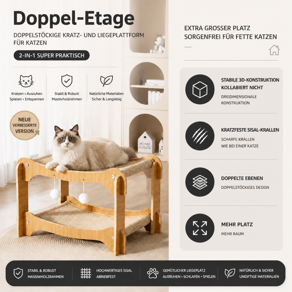 Doppelstöckiges Katzen-Spiel- & Liegebett aus Holz mit Sisal-Kratzrampe & Hängespielzeug