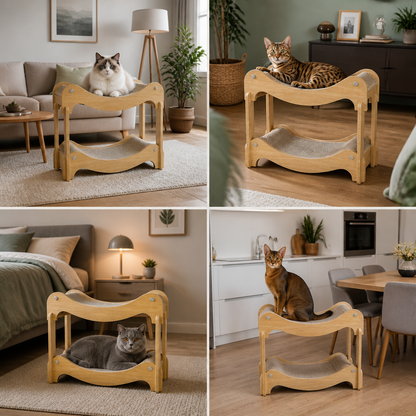 Doppelstöckiges Katzen-Spiel- & Liegebett aus Holz mit Sisal-Kratzrampe & Hängespielzeug