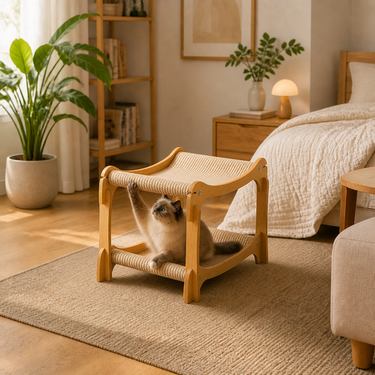Doppelstöckiges Katzen-Spiel- & Liegebett aus Holz mit Sisal-Kratzrampe & Hängespielzeug