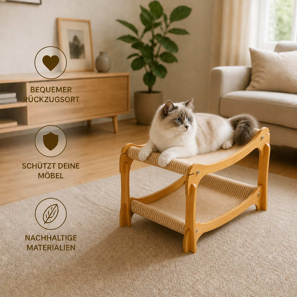 Doppelstöckiges Katzen-Spiel- & Liegebett aus Holz mit Sisal-Kratzrampe & Hängespielzeug