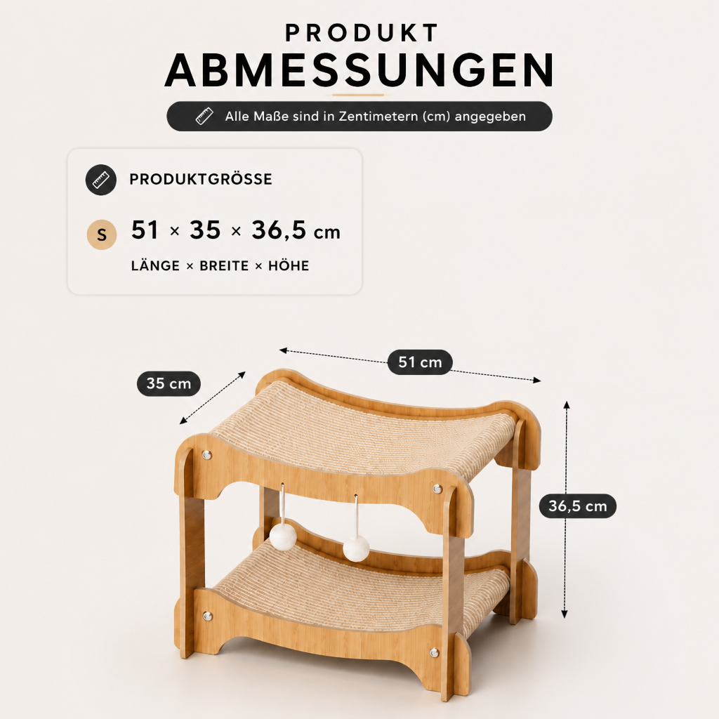 Doppelstöckiges Katzen-Spiel- & Liegebett aus Holz mit Sisal-Kratzrampe & Hängespielzeug