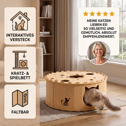 4-in-1-faltbares Katzen-Tunnelhaus – Interaktives Versteck, Kratzbaum und Spielbett