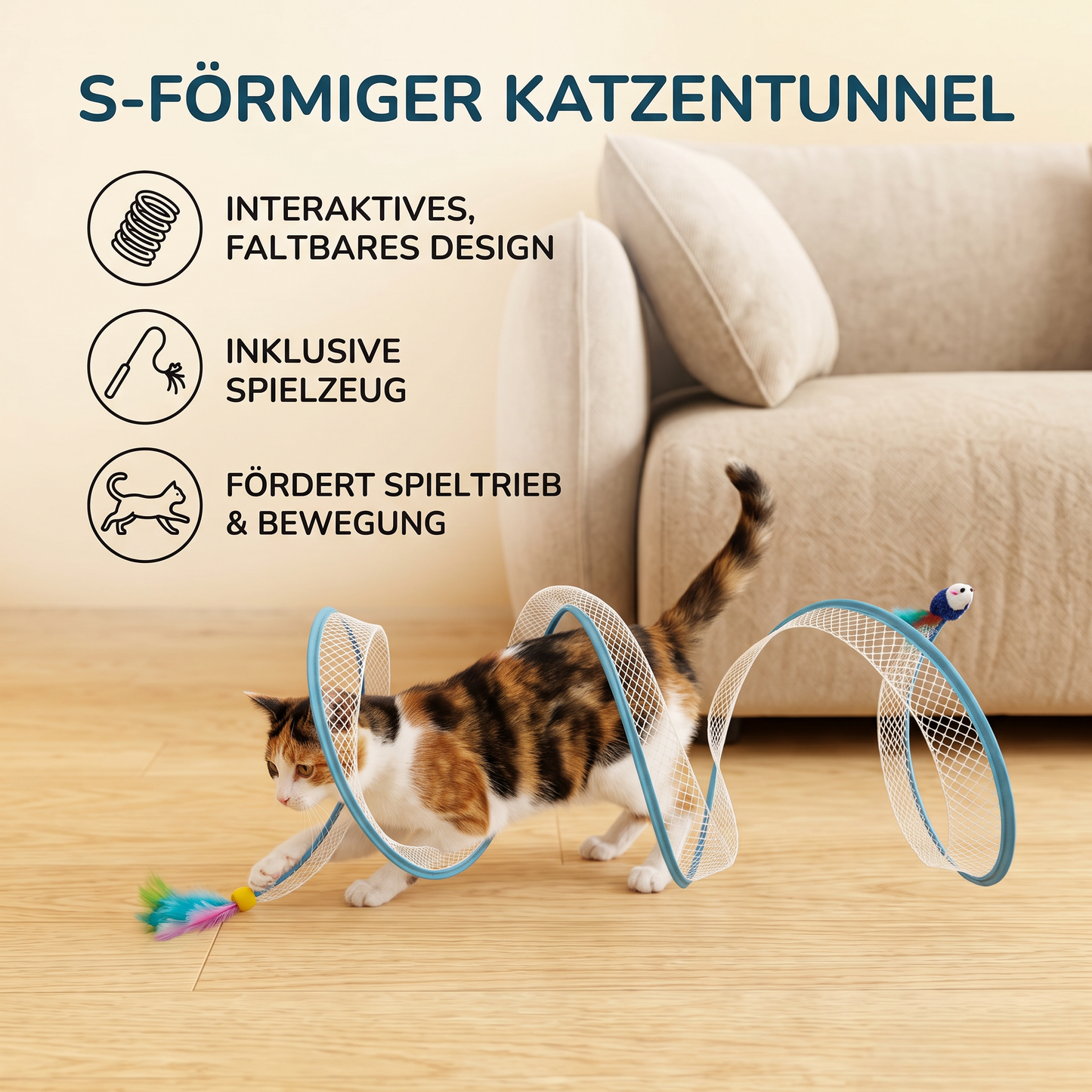S-förmiger Katzentunnel – interaktiver, zusammenklappbarer Spieltunnel
