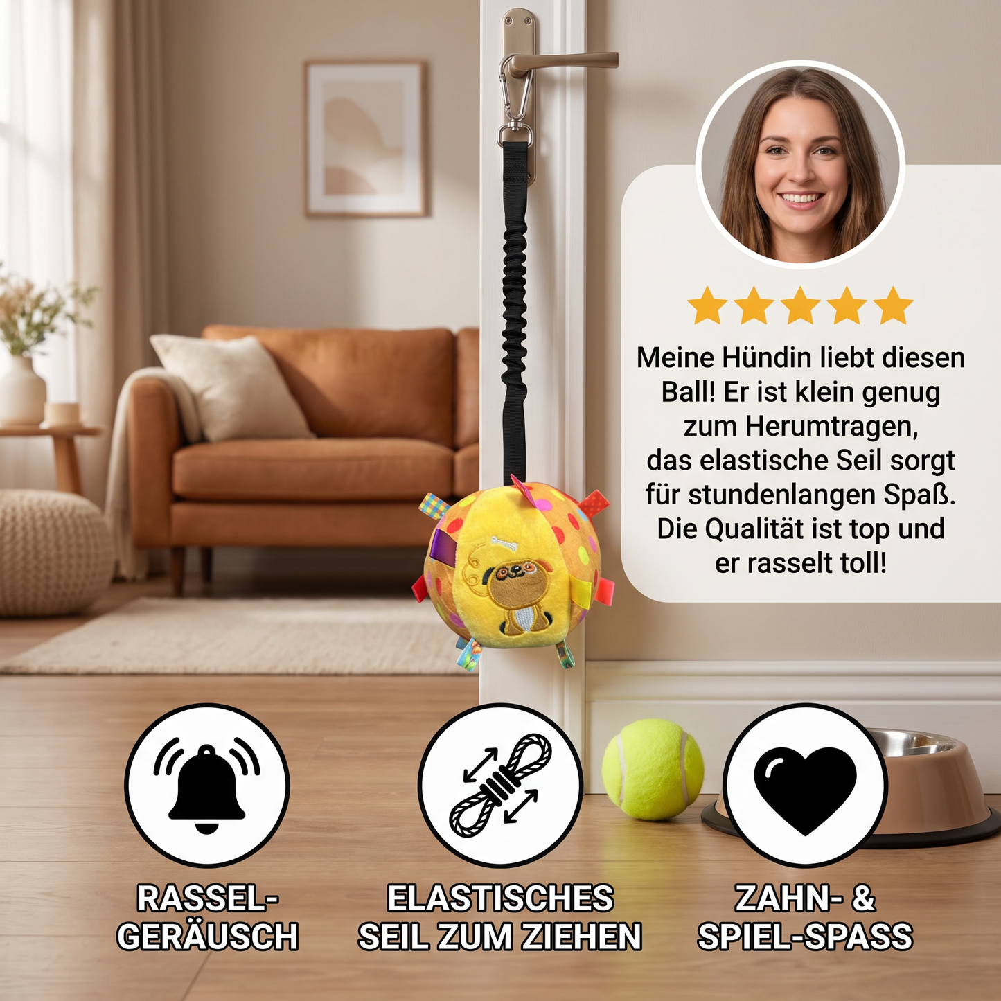 Interaktives hängendes Hundespielzeug mit elastischem Spielseil und Haken