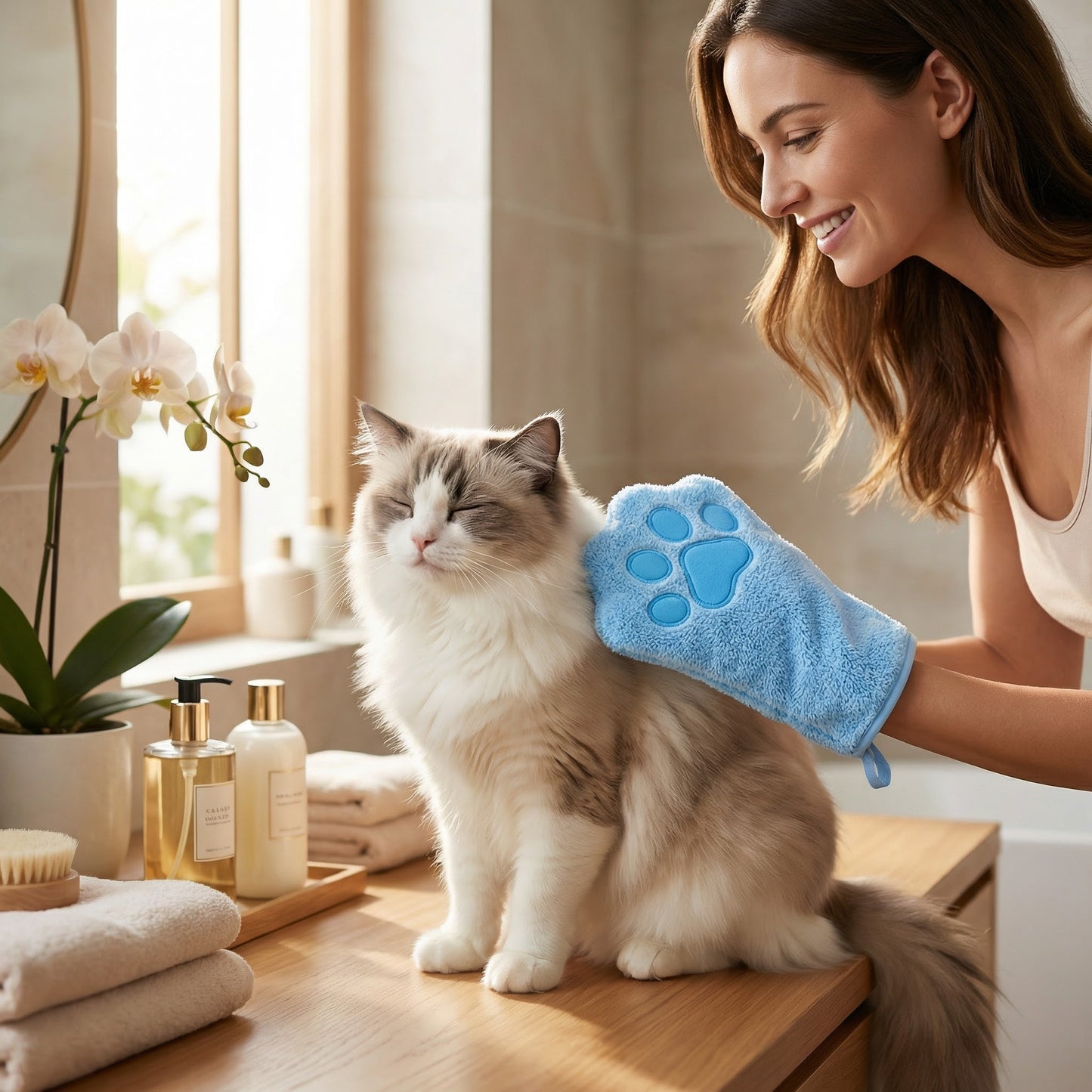Tierpflege-Microfaserhandschuh – Trockenbadetuch & Fellreinigung für Katzen