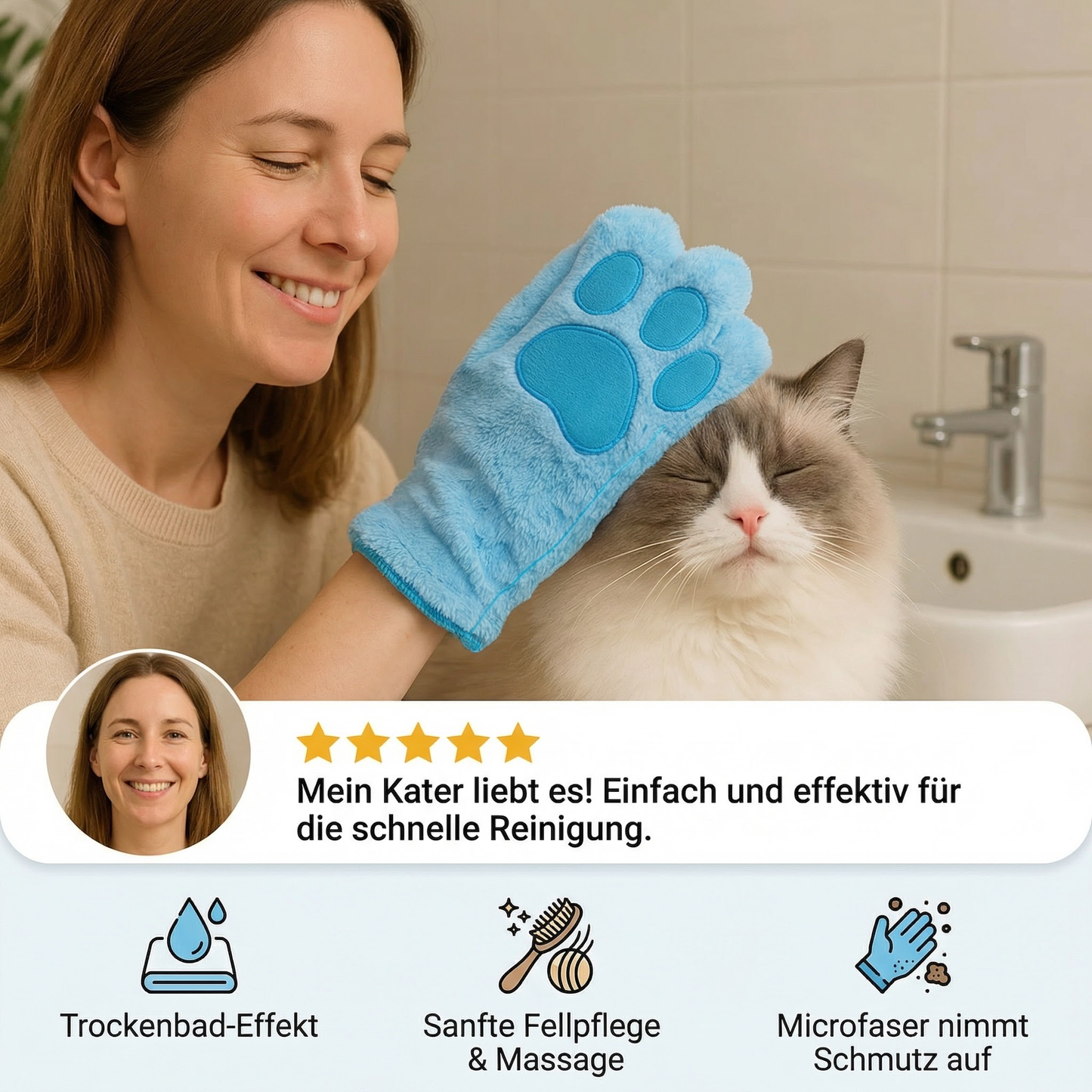 Tierpflege-Microfaserhandschuh – Trockenbadetuch & Fellreinigung für Katzen