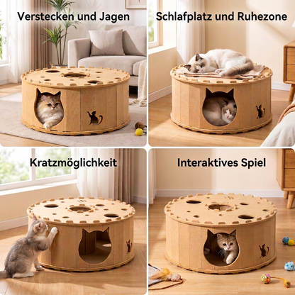 4-in-1-faltbares Katzen-Tunnelhaus – Interaktives Versteck, Kratzbaum und Spielbett