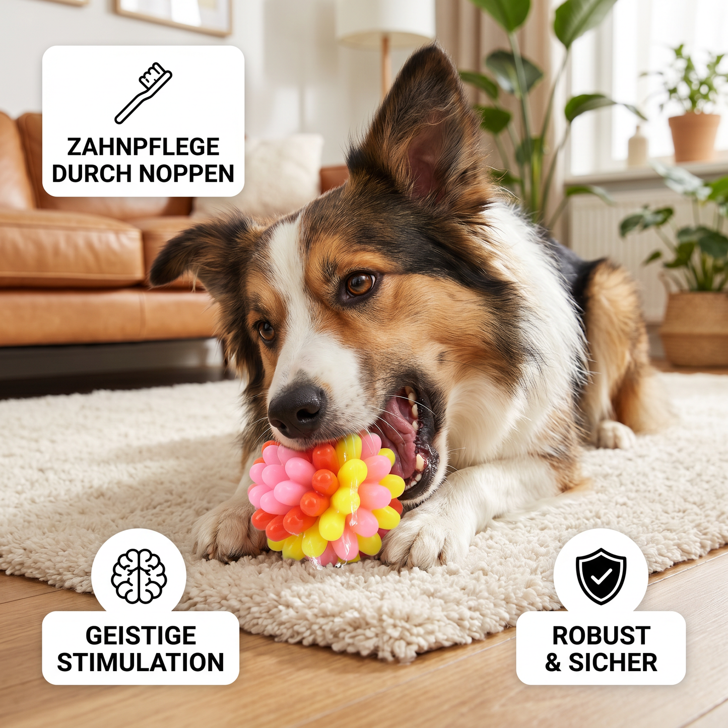 Bunter Hundekau-Ball mit Noppen