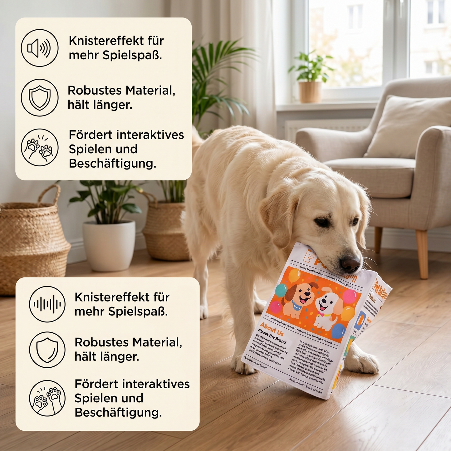 Robustes, interaktives Hundespielzeug aus knisternder Zeitung