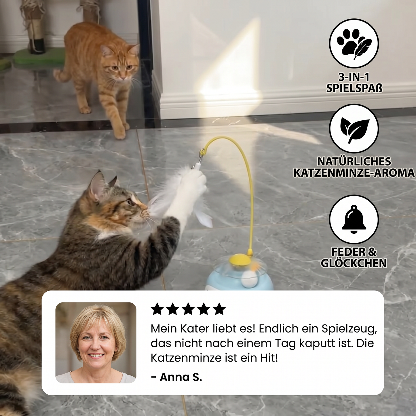 Interaktives 3-in-1-Katzenspielzeug mit Katzenminze, Federstab und Glöckchen