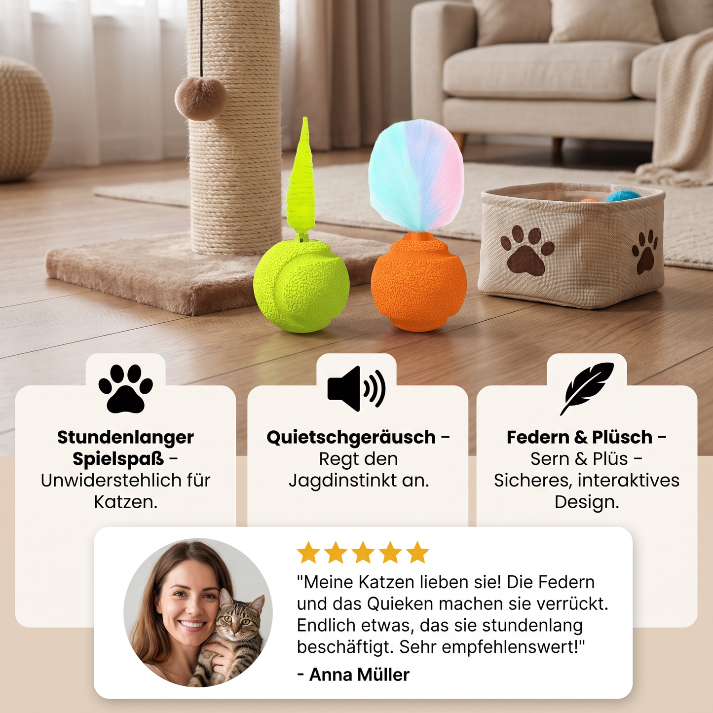 2er-Pack interaktive Katzenbälle – Plüschfeder-Schwanz und Quietschgeräusch