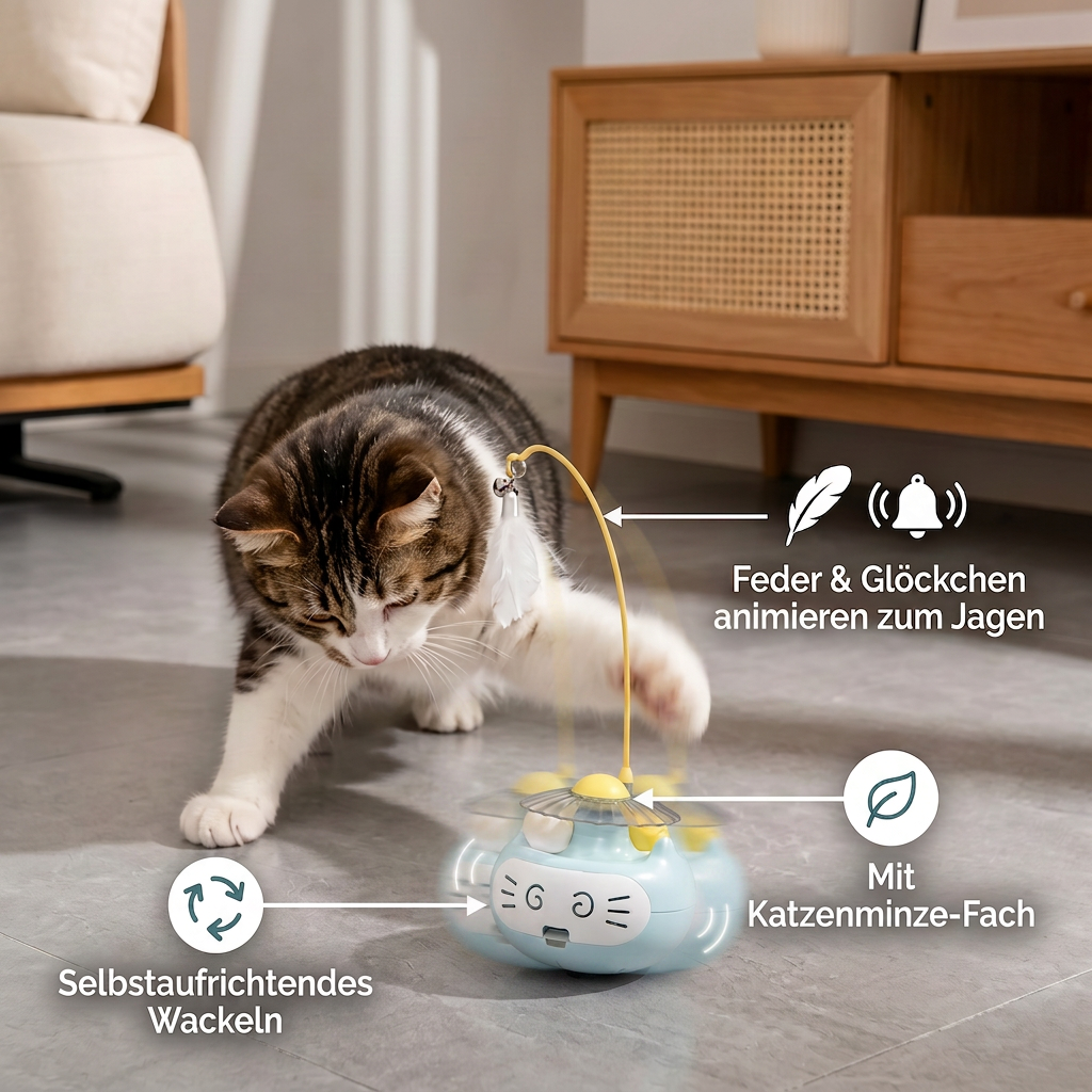 Interaktives 3-in-1-Katzenspielzeug mit Katzenminze, Federstab und Glöckchen