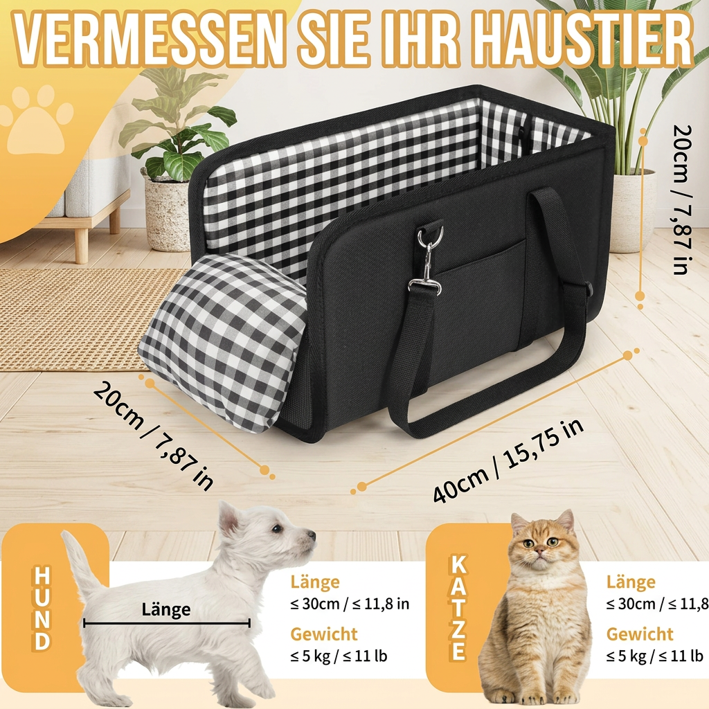 Sichere Auto-Transporttasche für kleine Hunde & Katzen mit Sicherheitsleine & rutschfestem Boden