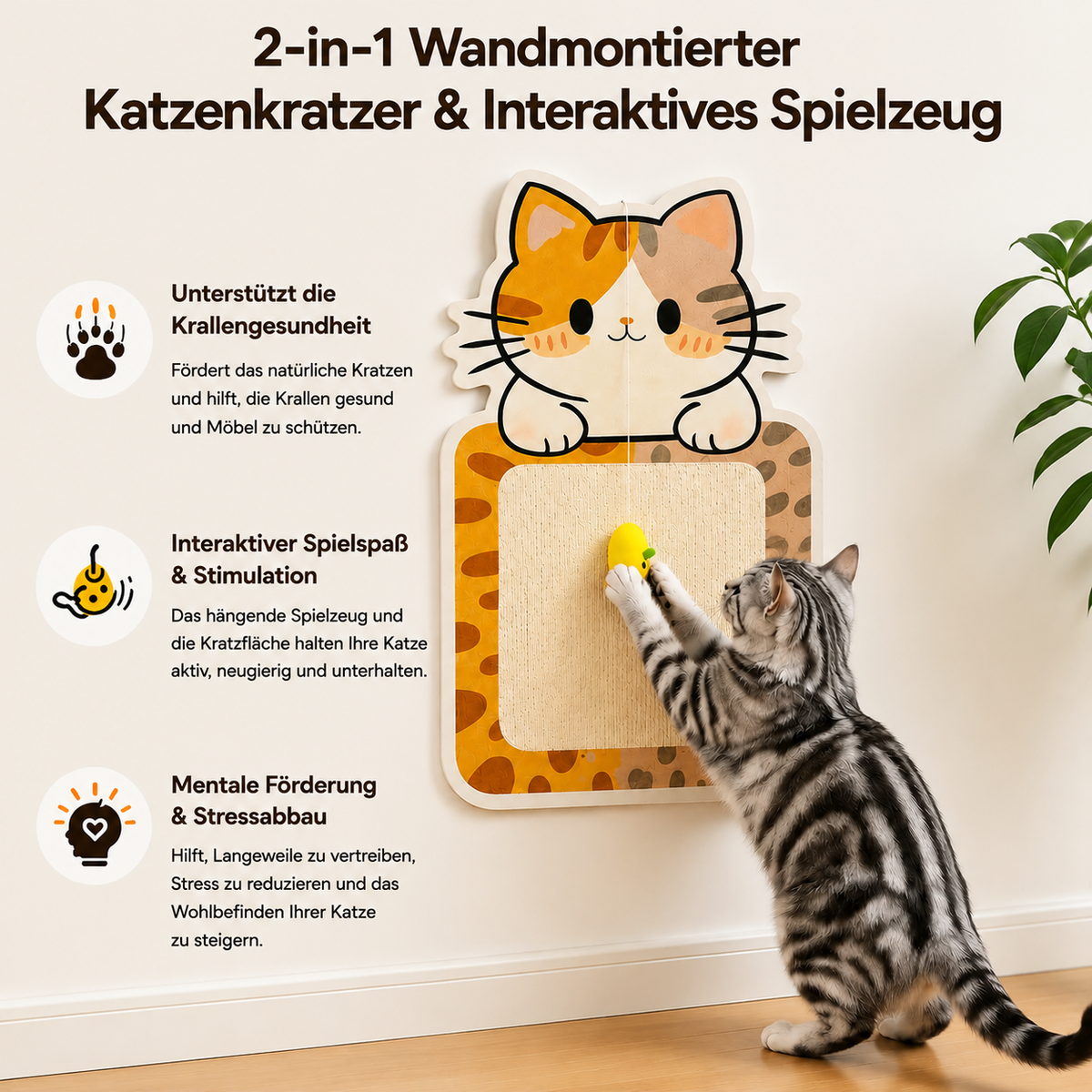 2-in-1 wandmontiertes Katzen-Kratzbrett & interaktives Spielzeug