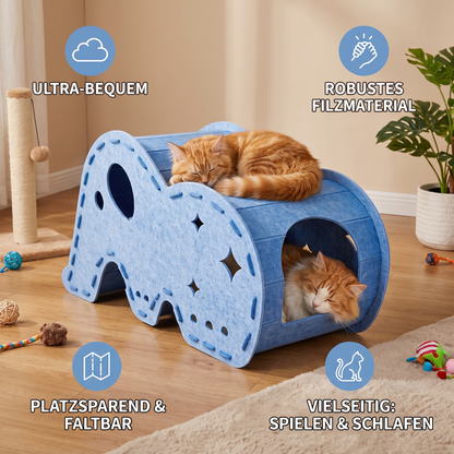 Elefantenförmiger Katzen-Spieltunnel aus Filz & gemütliches Bett – Faltbares und verbindbares Design