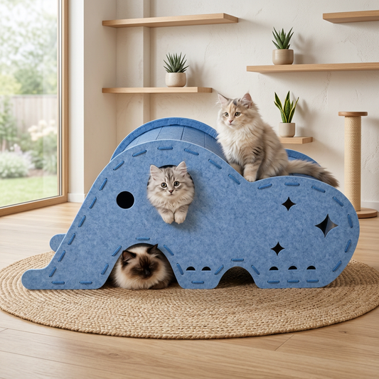 Elefantenförmiger Katzen-Spieltunnel aus Filz & gemütliches Bett – Faltbares und verbindbares Design