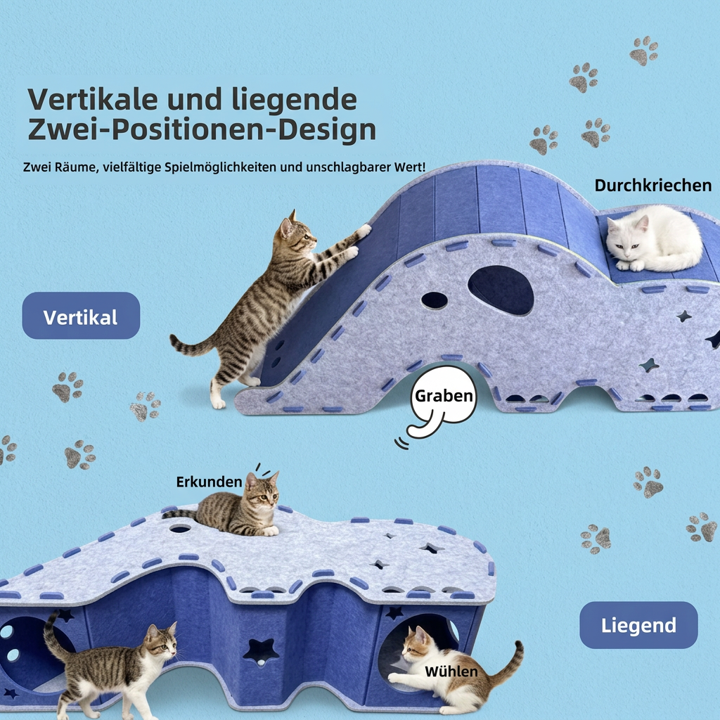 Elefantenförmiger Katzen-Spieltunnel aus Filz & gemütliches Bett – Faltbares und verbindbares Design