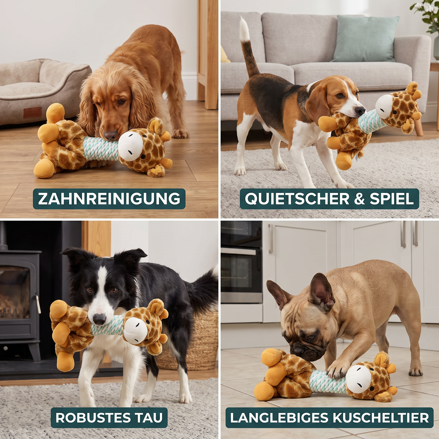 Robustes Tier-Plüsch-Hundespielzeug mit Seil, Quietscher und Zahnreinigungsfunktion