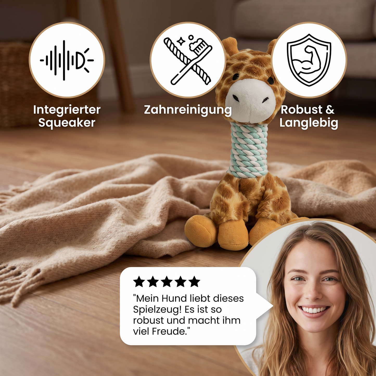 Robustes Tier-Plüsch-Hundespielzeug mit Seil, Quietscher und Zahnreinigungsfunktion
