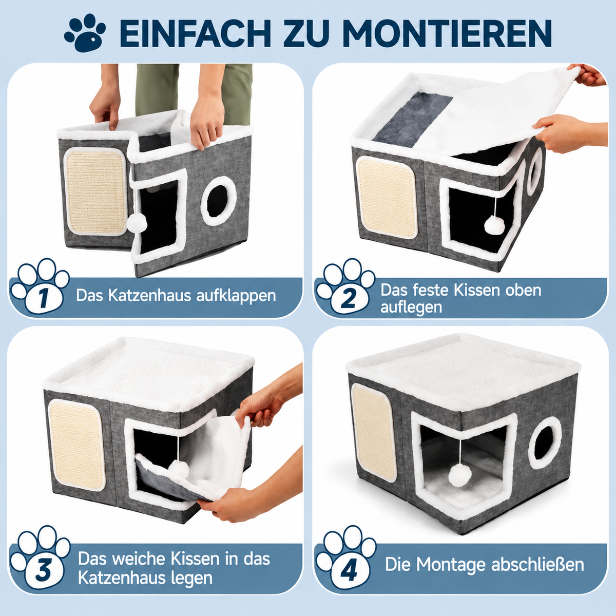 Modernes faltbares Katzenhaus mit doppelseitigem Ganzjahreskissen & Hängespielzeug