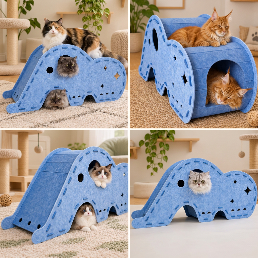 Elefantenförmiger Katzen-Spieltunnel aus Filz & gemütliches Bett – Faltbares und verbindbares Design