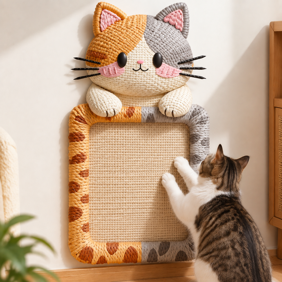 2-in-1 Gewebte selbstklebende Katzen-Kratzmatte & Möbelschutz mit interaktivem Spielzeug