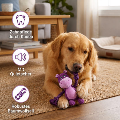 Plüsch-Hundespielzeug mit Baumwollseil - Quietscher & Zahnpflege