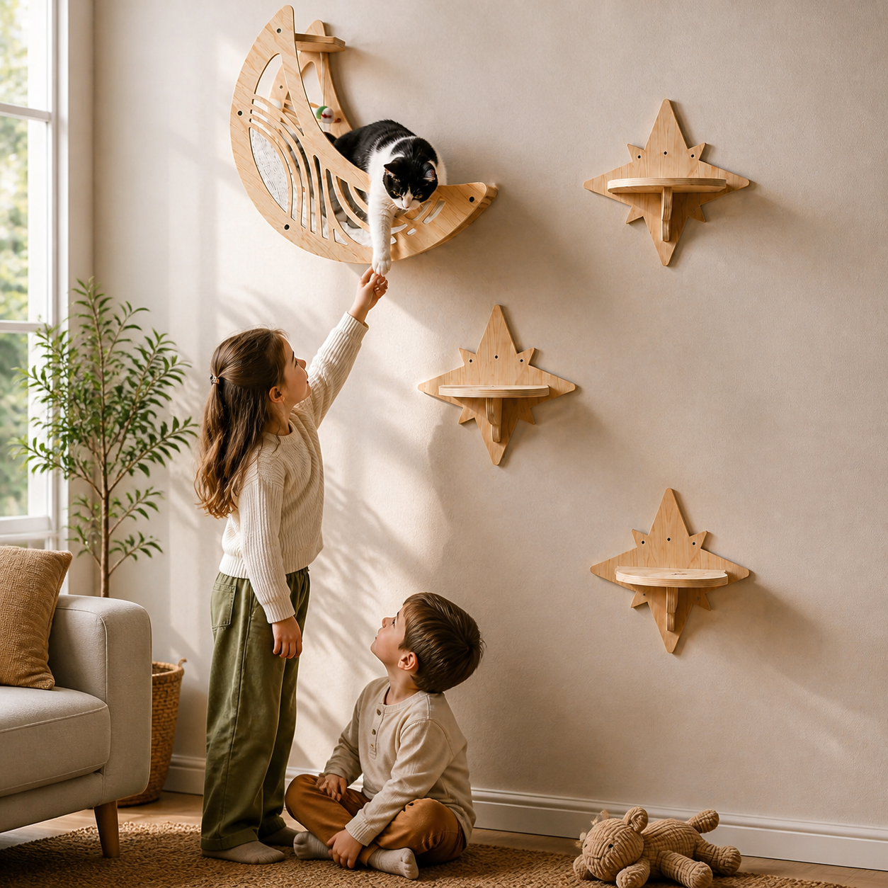 Modernes Katzen-Kletterwand-Set aus Holz mit Mond- & Stern-Design inklusive Liegefläche