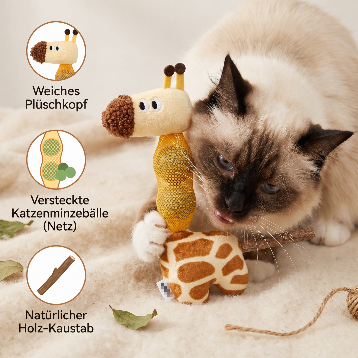 3-in-1 Zahnpflege-Giraffen-Katzenspielzeug – Plüsch, Katzenminze-Bälle & Natürlicher Kaustab