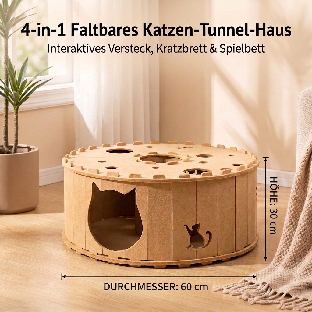 4-in-1-faltbares Katzen-Tunnelhaus – Interaktives Versteck, Kratzbaum und Spielbett