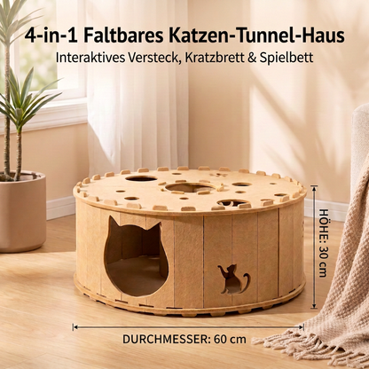 4-in-1-faltbares Katzen-Tunnelhaus – Interaktives Versteck, Kratzbaum und Spielbett