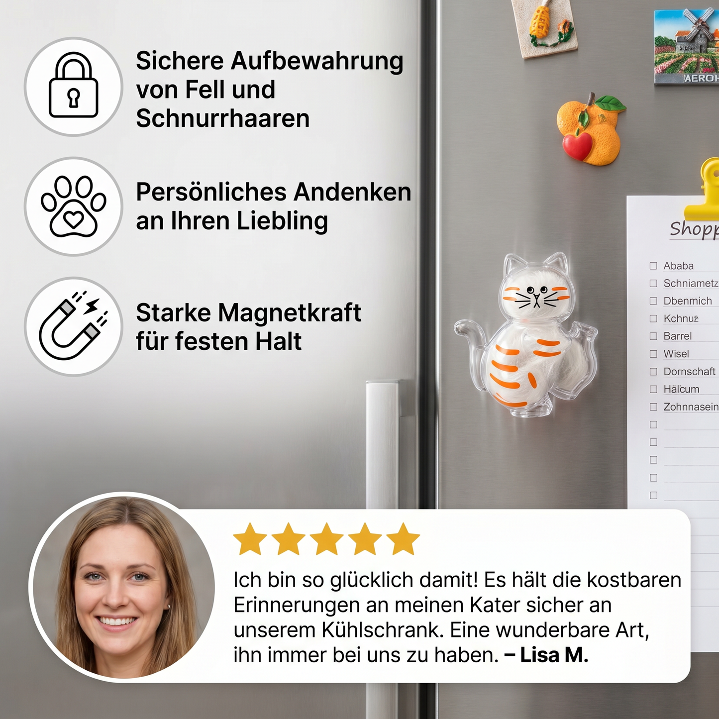 Katzenmagnet als Andenken an die Schnurrhaare – Erinnerung an Fell und Schnurrhaare