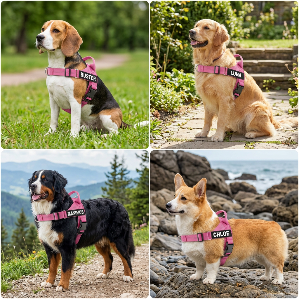 Individuell gestaltetes, reflektierendes No-Pull-Hundegeschirr mit personalisiertem Namensaufnäher