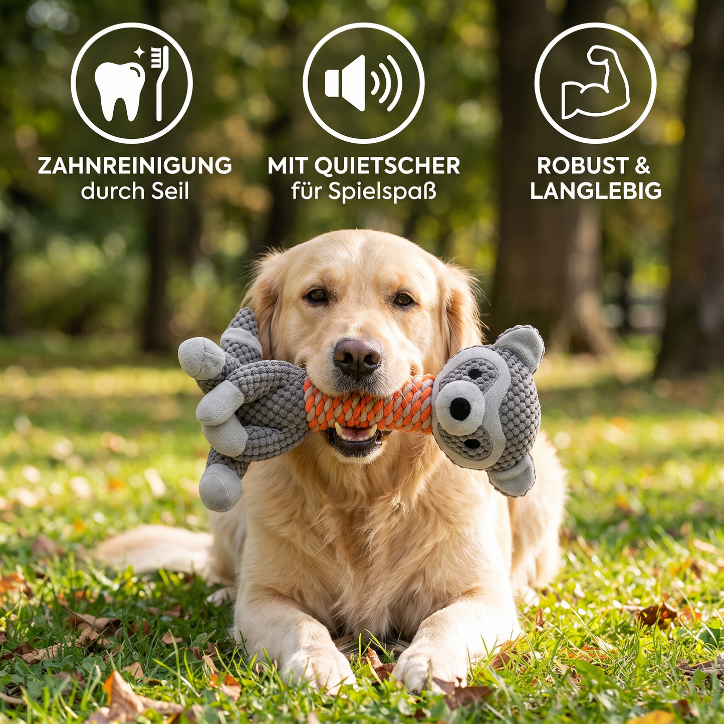 Robustes Tier-Plüsch-Hundespielzeug mit Seil, Quietscher und Zahnreinigungsfunktion