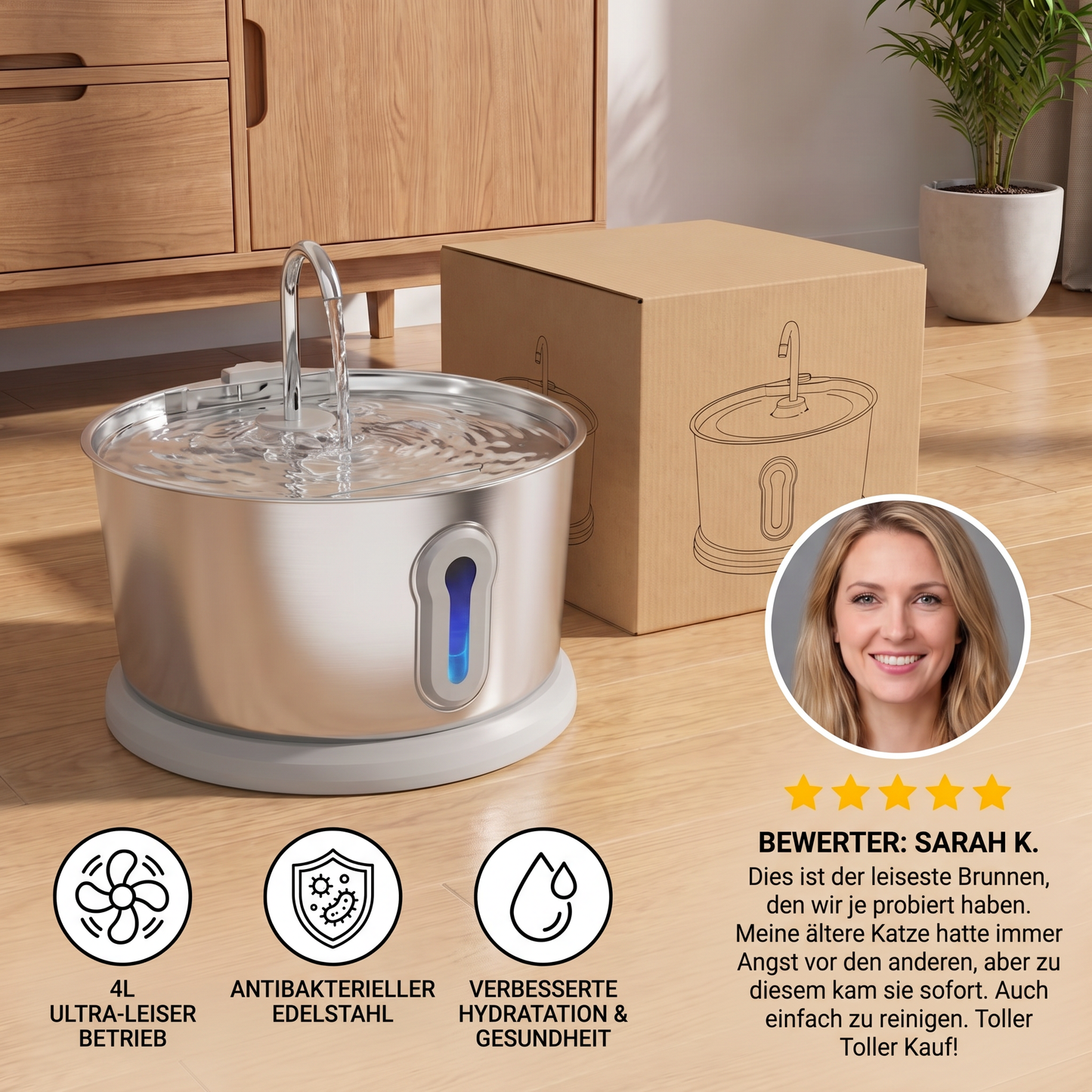 Intelligenter, antibakterieller Trinkbrunnen aus Edelstahl für Haustiere – 4 l, extrem leise, für eine bessere Flüssigkeitszufuhr und Gesundheit Ihres Haustieres