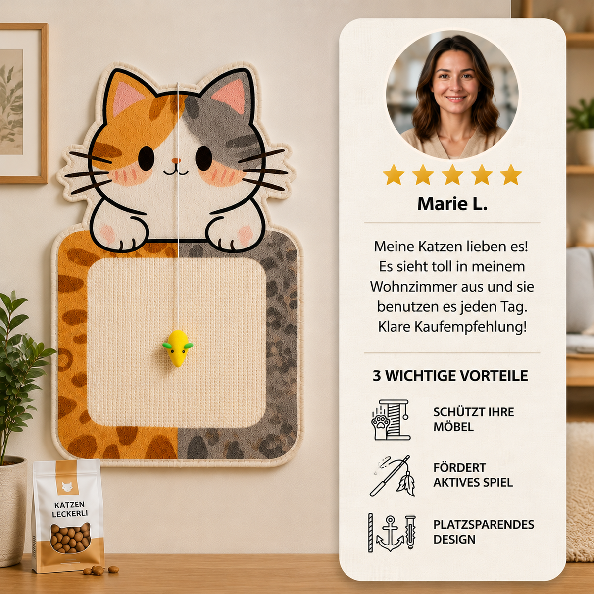 2-in-1 wandmontiertes Katzen-Kratzbrett & interaktives Spielzeug
