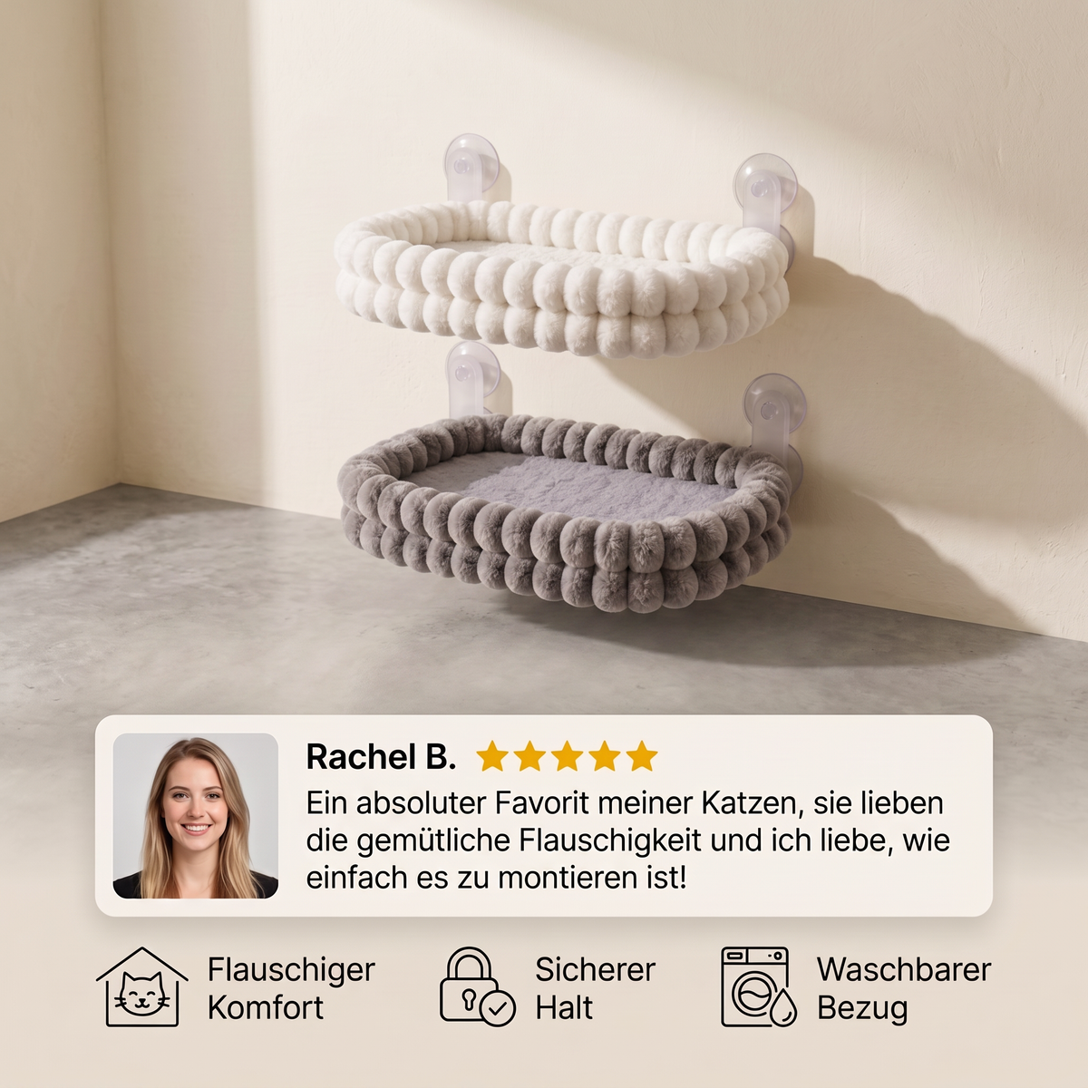 Flauschige kabellose faltbare Katzen-Fensterhängematte mit starken Saugnäpfen & waschbarem Bezug