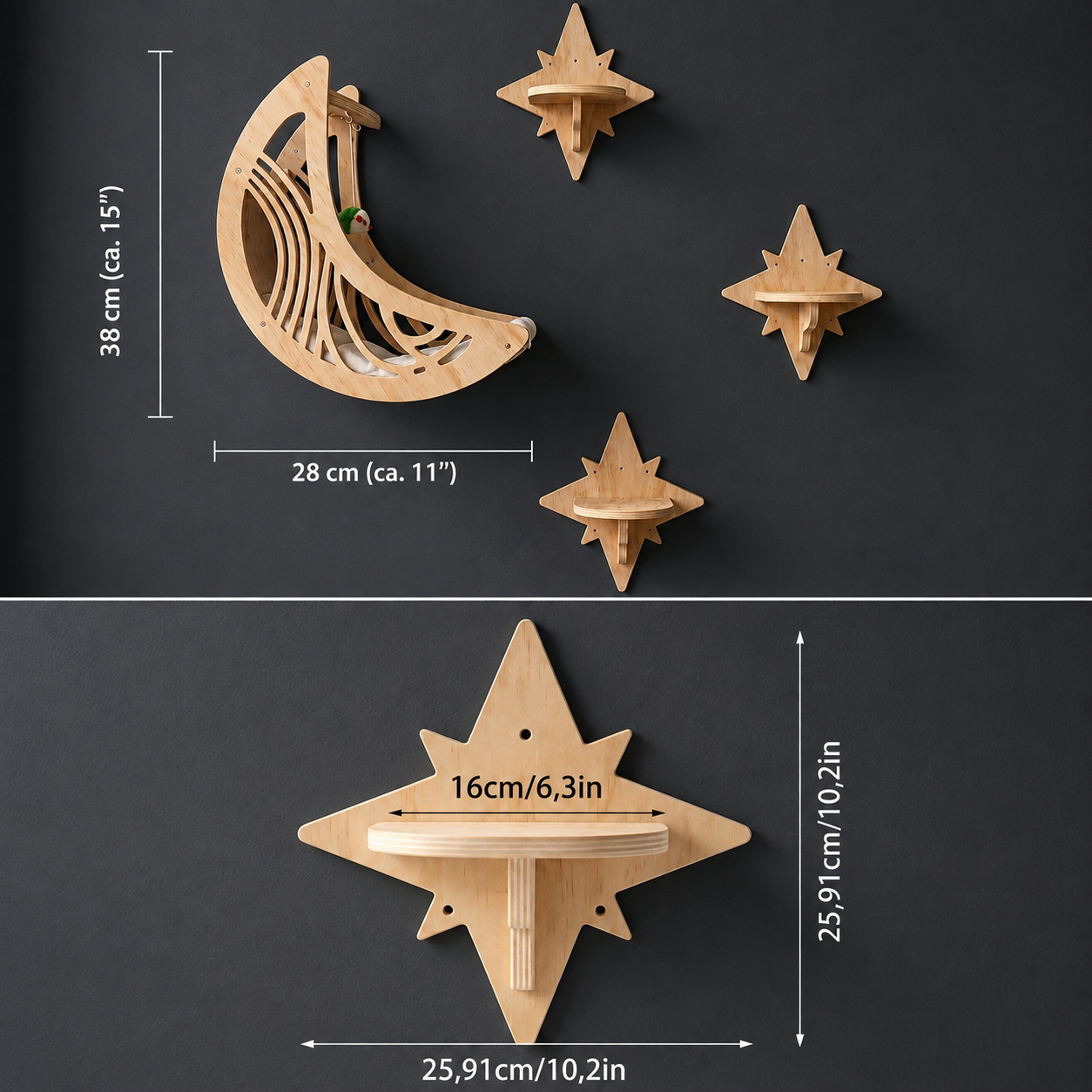 Modernes Katzen-Kletterwand-Set aus Holz mit Mond- & Stern-Design inklusive Liegefläche