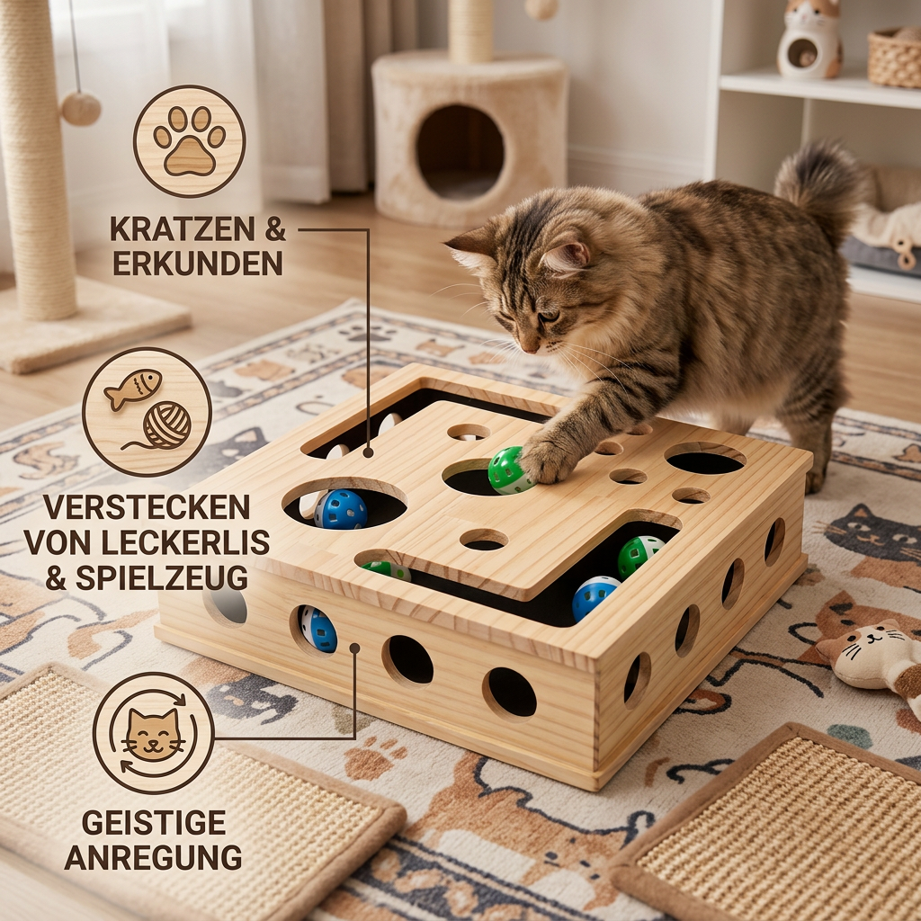 Interaktive Puzzle-Box aus Holz für Katzen – Kratz-, Versteck- und Leckerli-Spielzeug zur Bereicherung