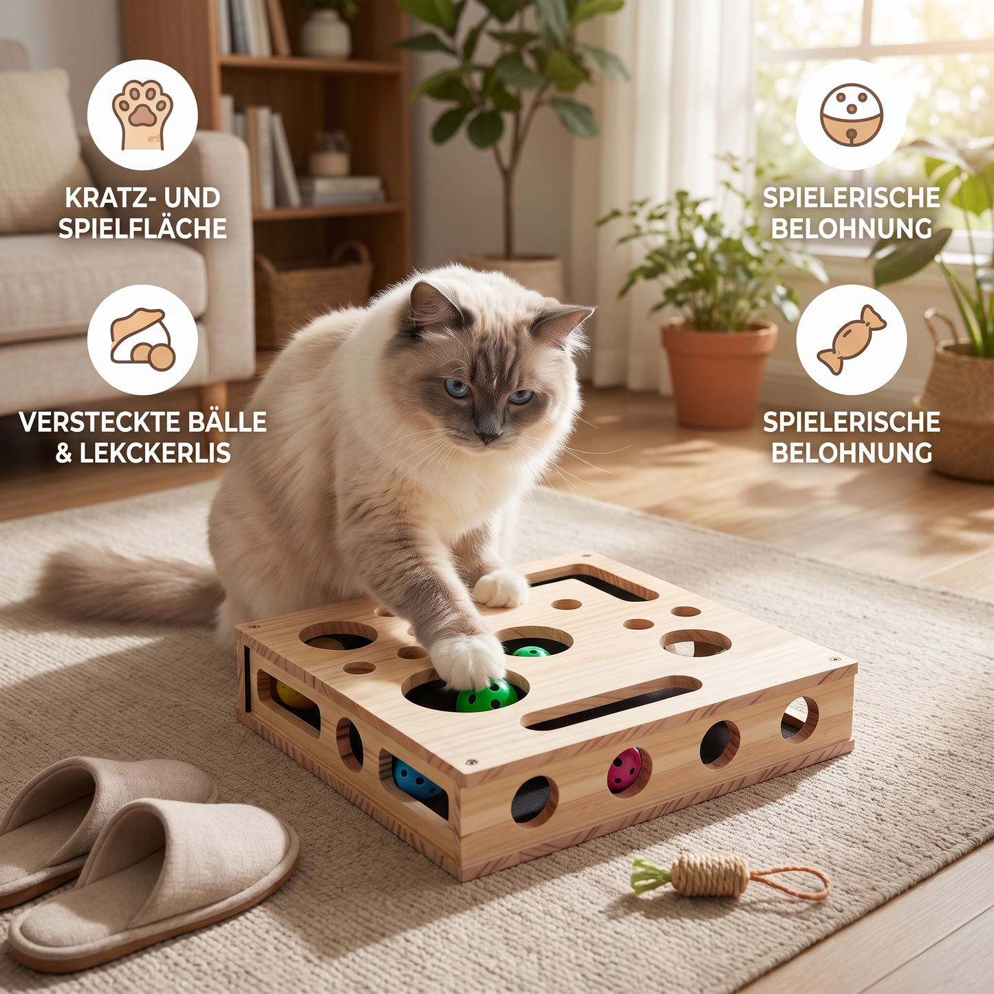 Interaktive Puzzle-Box aus Holz für Katzen – Kratz-, Versteck- und Leckerli-Spielzeug zur Bereicherung
