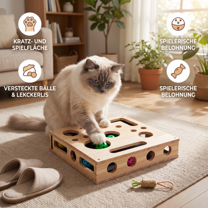 Interaktive Puzzle-Box aus Holz für Katzen – Kratz-, Versteck- und Leckerli-Spielzeug zur Bereicherung