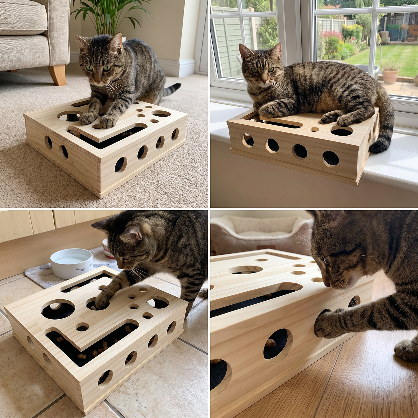 Interaktive Puzzle-Box aus Holz für Katzen – Kratz-, Versteck- und Leckerli-Spielzeug zur Bereicherung