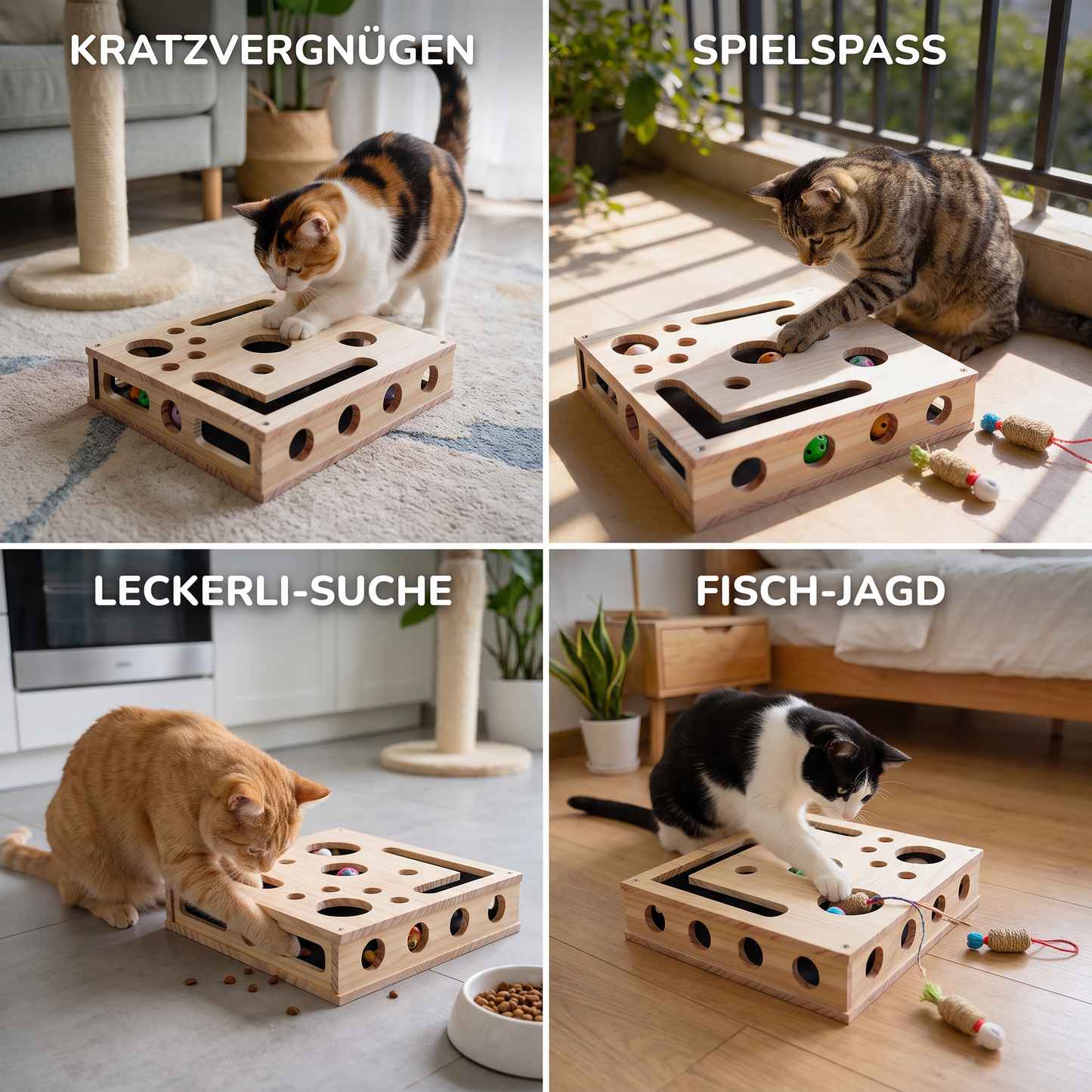 Interaktive Puzzle-Box aus Holz für Katzen – Kratz-, Versteck- und Leckerli-Spielzeug zur Bereicherung