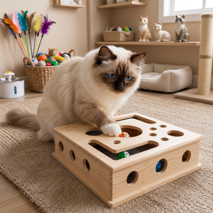 Interaktive Puzzle-Box aus Holz für Katzen – Kratz-, Versteck- und Leckerli-Spielzeug zur Bereicherung
