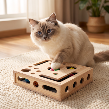 Interaktive Puzzle-Box aus Holz für Katzen – Kratz-, Versteck- und Leckerli-Spielzeug zur Bereicherung