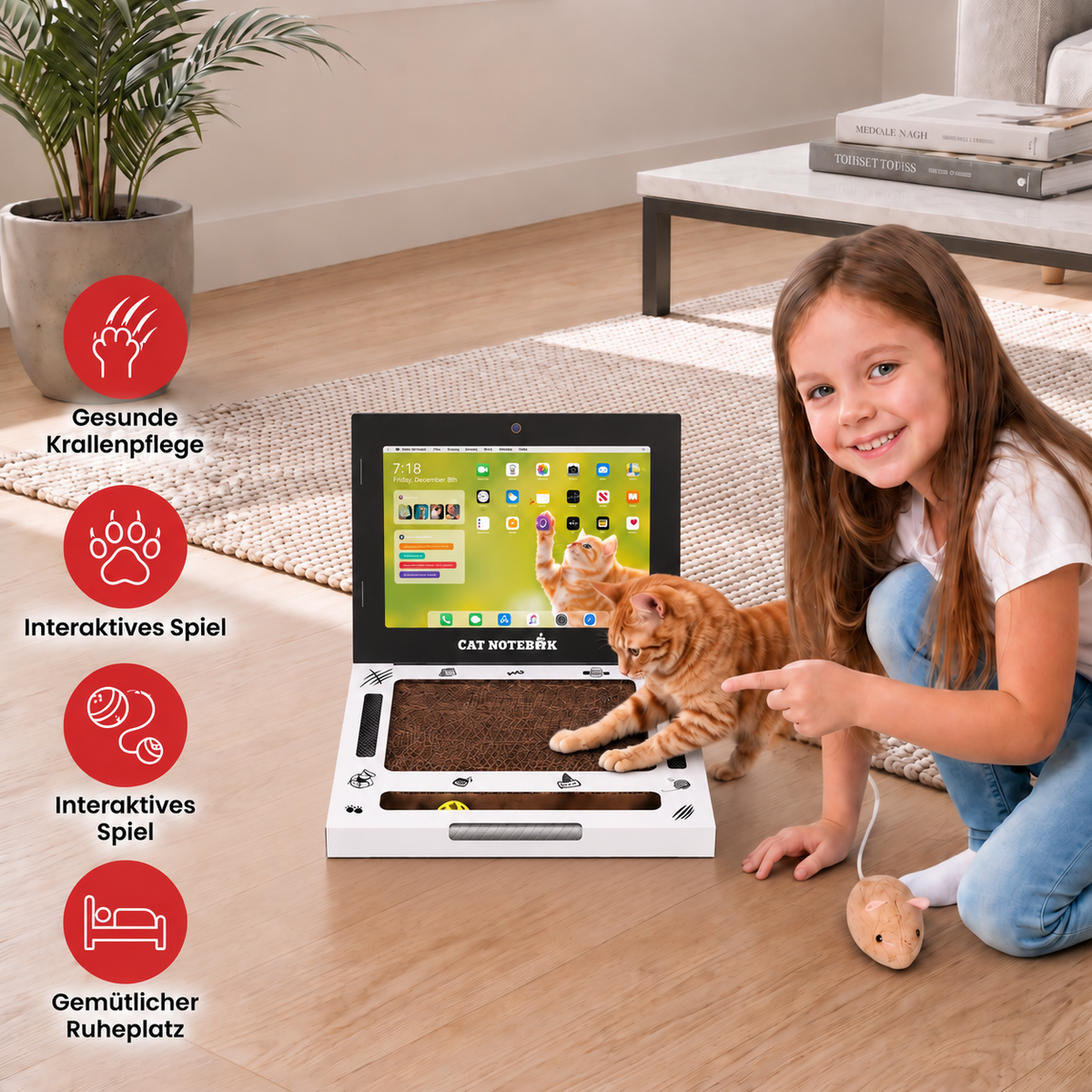 Laptop-Katzenkratzer aus Pappe & interaktives Spielzeug