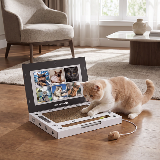 Laptop-Katzenkratzer aus Pappe & interaktives Spielzeug