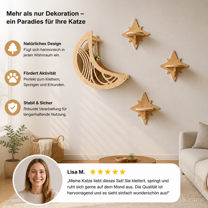 Modernes Katzen-Kletterwand-Set aus Holz mit Mond- & Stern-Design inklusive Liegefläche