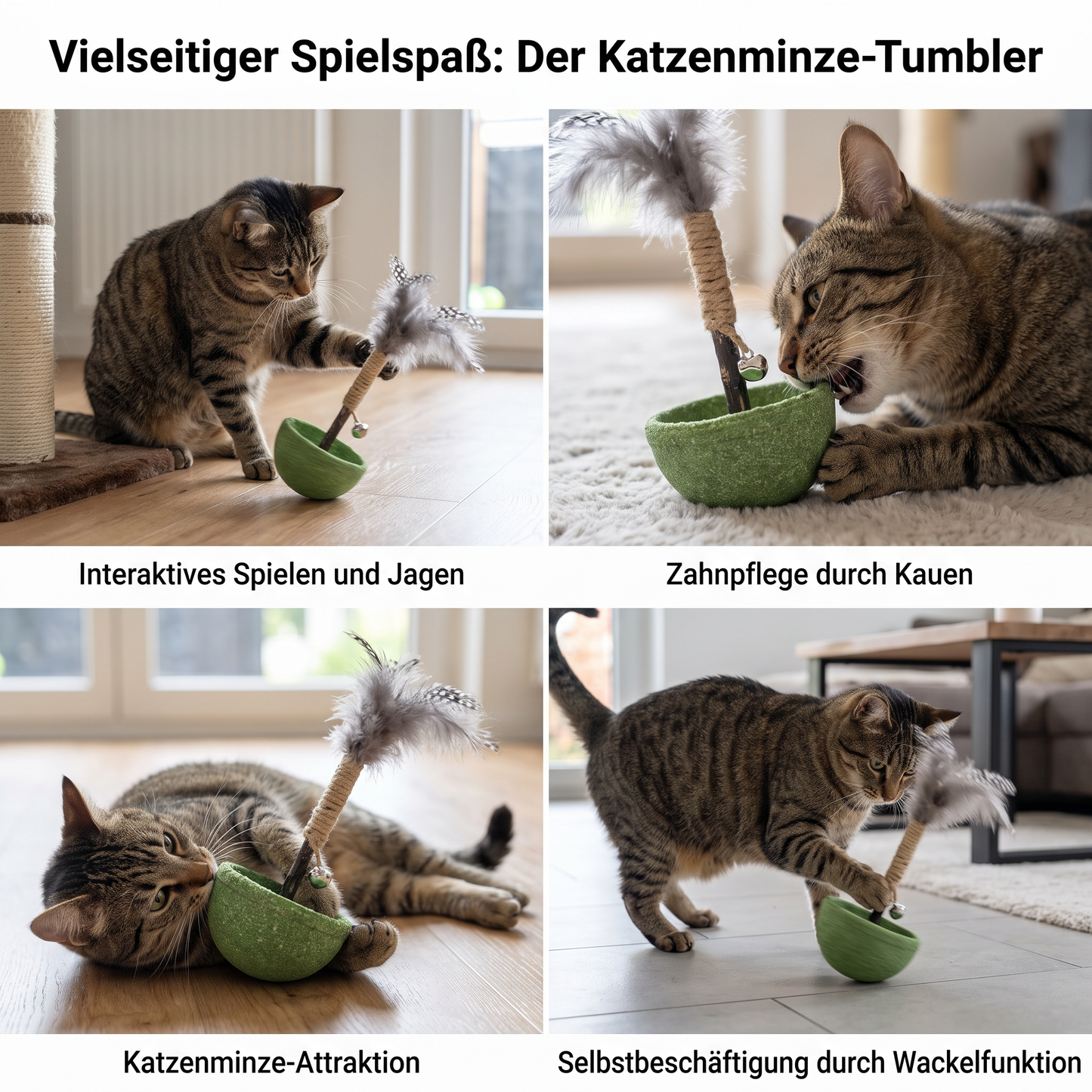 Zahnpflegendes Katzenminze-Tumbler-Katzenspielzeug – Interaktiver Feder-Teaser mit Glöckchen